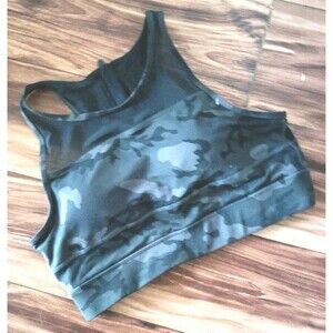 Zyia Sports Bra Size XL Black Camouflage Zip Back Padded Wireless Racerback